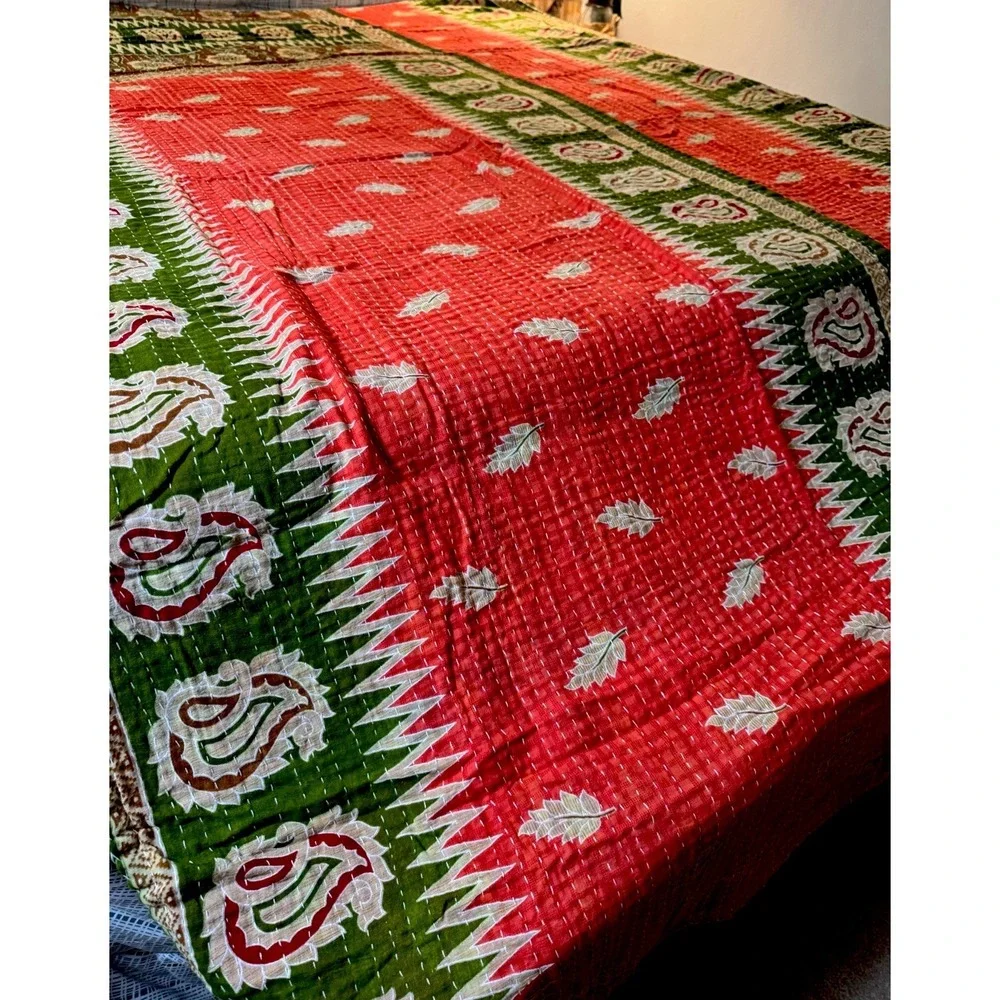 Kantha Quilt Twin Handmade Reversible Indian Cotton Bedspread Throw 86x54 Boho